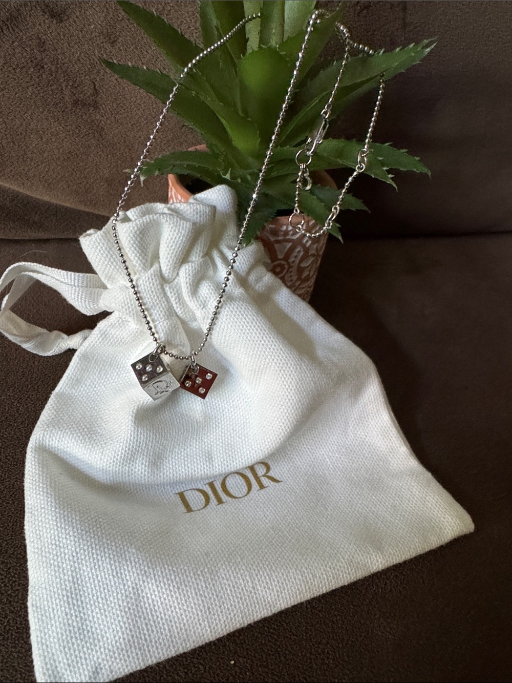 ❤️Dior Silver Rare PRICE DROP TODAY Rhinestone Dice Charm Necklace w White Pouch